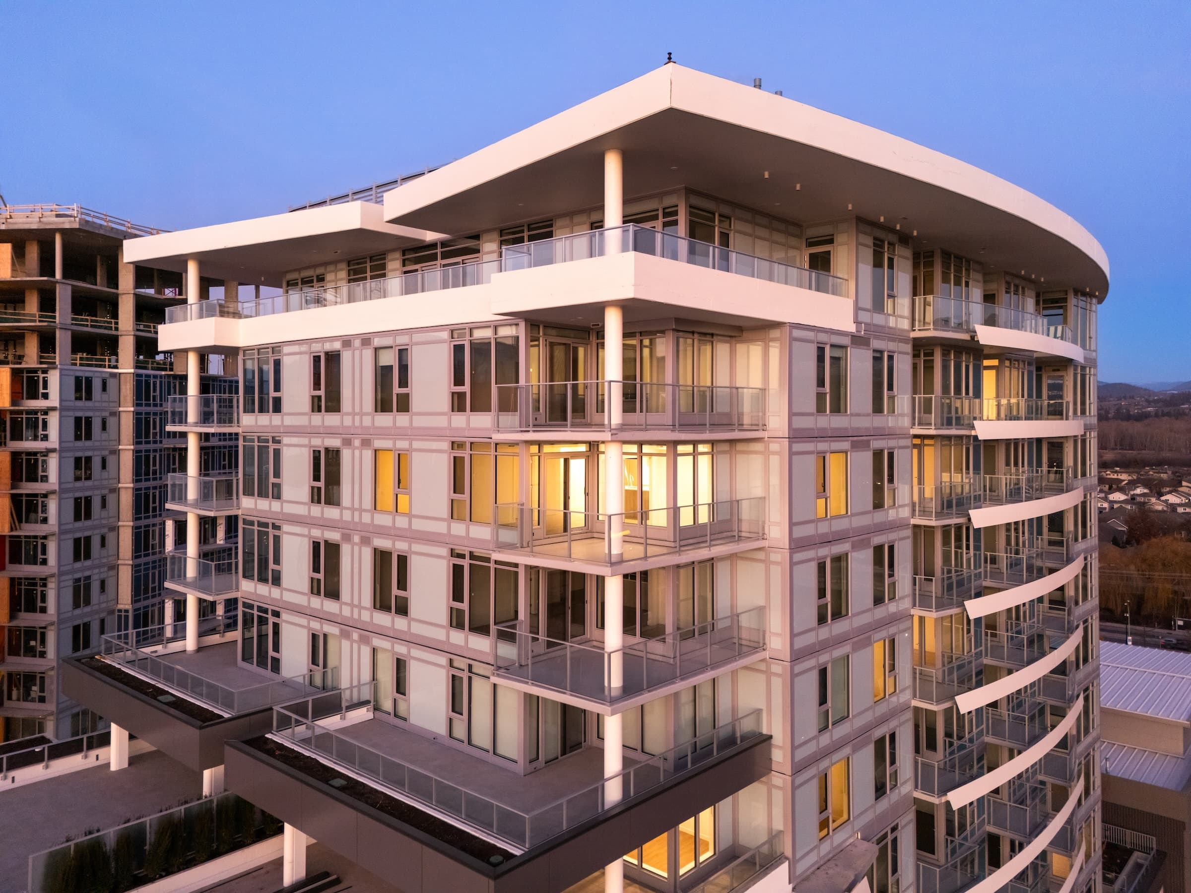 Architectural close-up of Aqua tower at blue hour