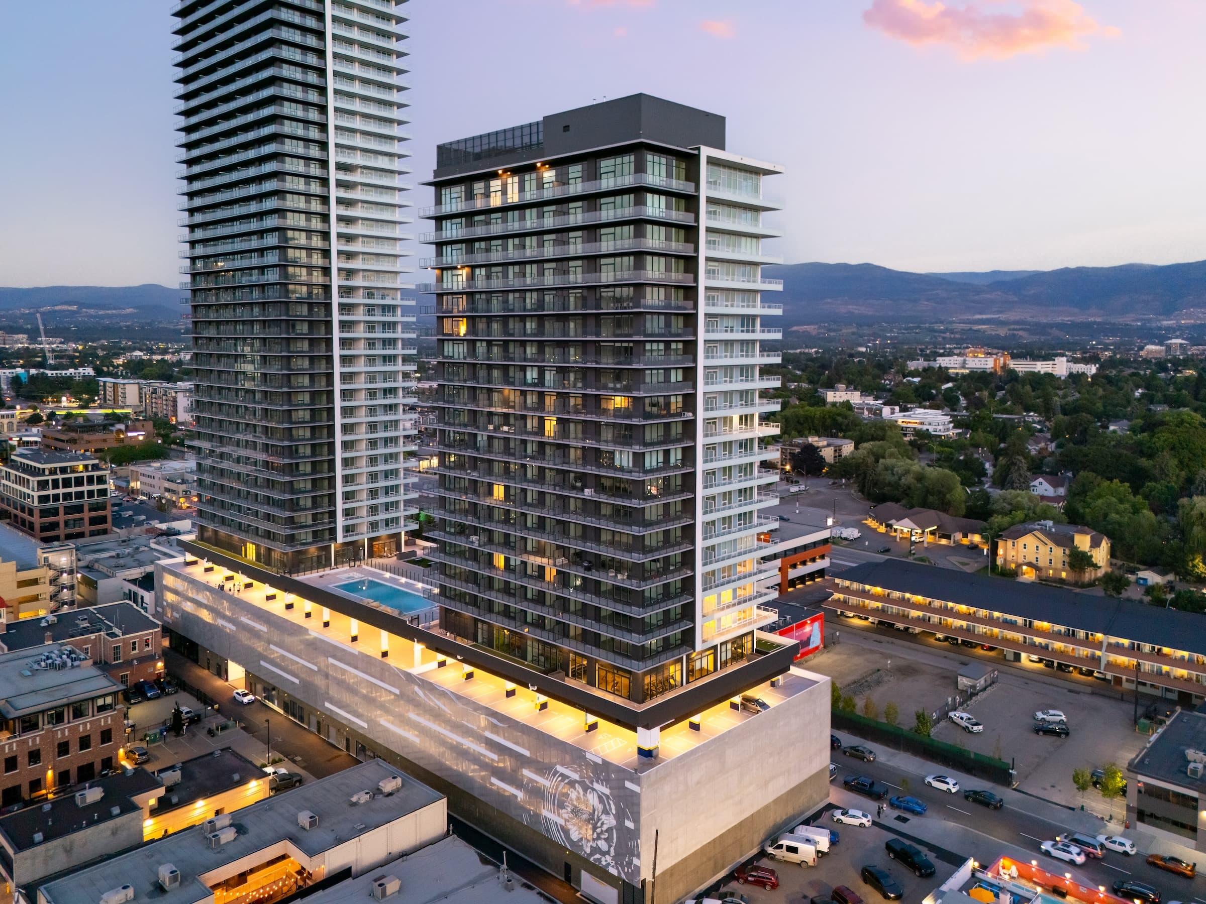 Interior of Waterstreet unit with floor-to-ceiling windows and lake views